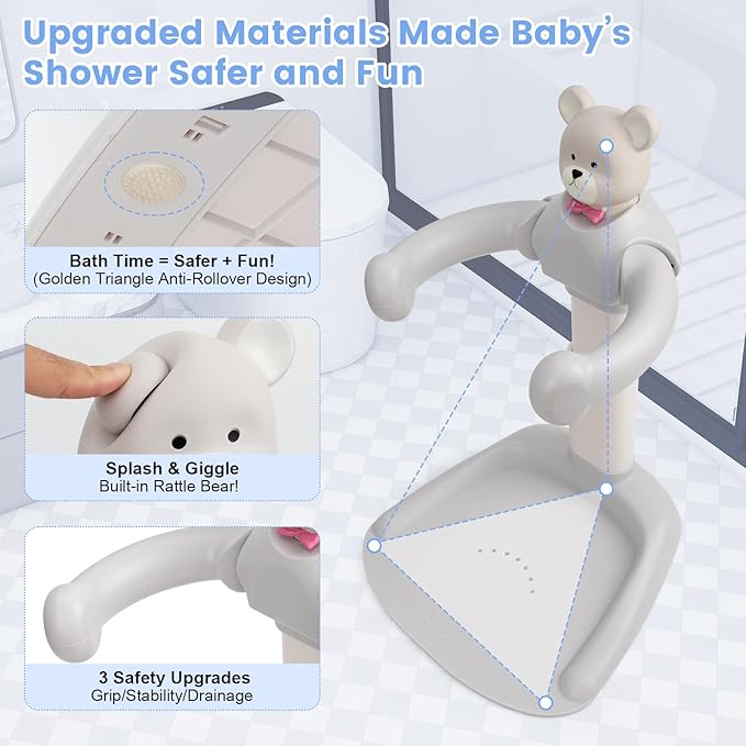 Adjustable Baby Shower Stand with Bear Design, Portable Bath Support with Non-Slip Base, Bathing Toy with Baby Bathing Station (Grey)