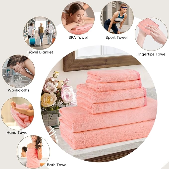 Orighty 6-Piece Towel Set - Soft & Lightweight - 2 Bath Towels, 2 Hand Towels, and 2 Wash Cloths - Absorbent & Quick Drying Microfiber Towel for Multipurpose, Bathroom, Gym, Sport, Yoga, Travel - Pink
