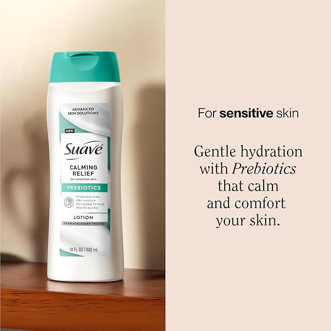 Suave Calming Relief Hand & Body Lotion for Women With Prebiotics For Sensitive Skin, Fragrance & Allergen Free, Helps Restore Skin's Moisture Barrier, 18 FL OZ, 6 Pack