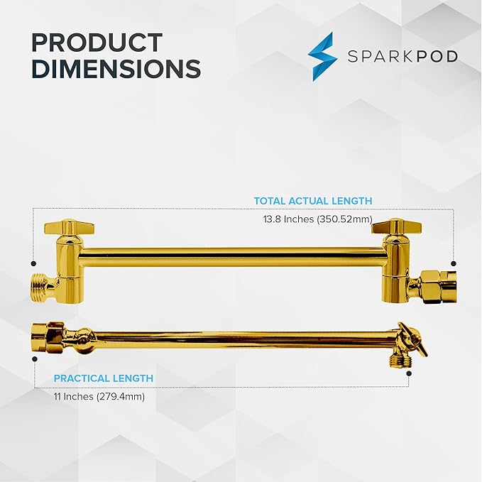 SparkPod 11" Solid Brass Shower Head Extension Arm - Flexible Height & Angle Adjustable Shower Arm Extension for Rain Showerheads with Sturdy Lock - Universal Pipe Connection (Egyptian Gold)