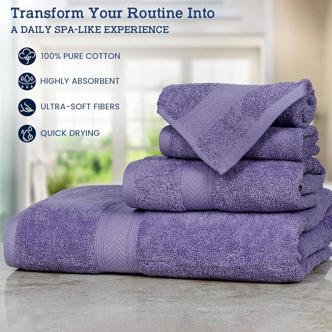 Casa Lino 100% Cotton Bath Towels Set of 4 (1 Bath Towel, 1 Hand Towel & 2 Wash Cloths) - Bathroom Towels and Washcloths Set - Complete Bathroom Set - Guest Room Essentials - (Purple)