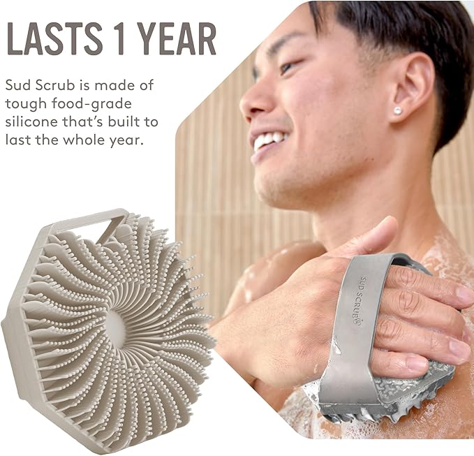 Sud Scrub® Antimicrobial Silicone Body Scrubber, Exfoliating Body Scrubber for Sensitive Skin, Eco Friendly Shower Scrubber for Body, Silicone Body Brush for Showering, Clay