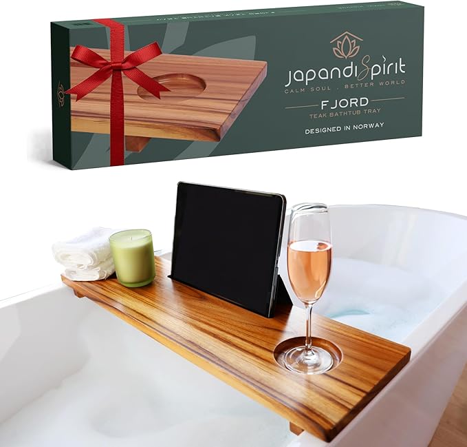 Fjord | Superior Teak Bathtub Tray Wood 29" for Small Tubs | Adjustable Wooden Bathtub Caddy | Sustainable Minimalist Bath Table Tray for Home Spa | by JapandiSpirit