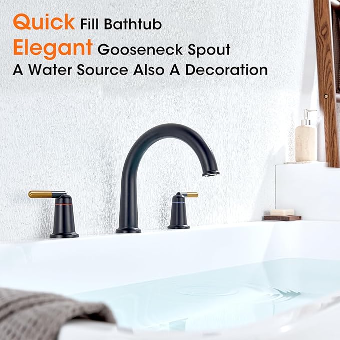 Black & Rose Gold Roman Bathtub Faucet Set with Valve High Flow 10.25 GPM Tub Faucets 3 Hole Widespread Deck Mount Tub Filler