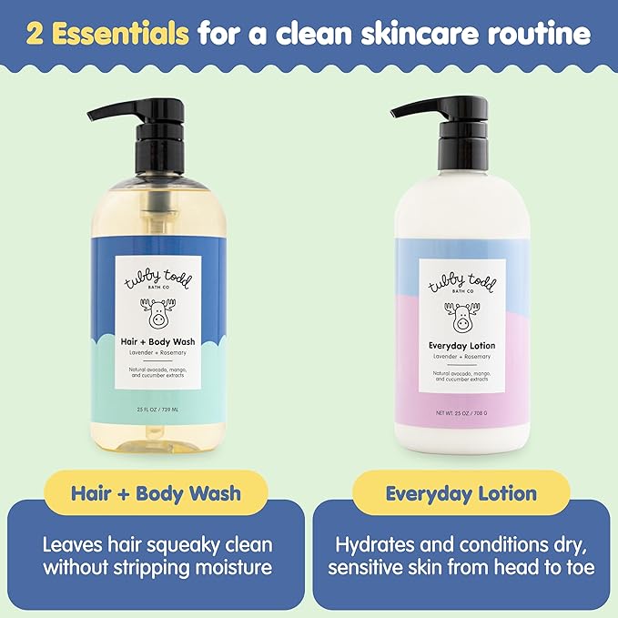 Tubby Todd's Baby Body Wash and Lotion Set - Gentle, Hypoallergenic Skincare for Newborns & Toddlers - 25oz, Lavender Rosemary