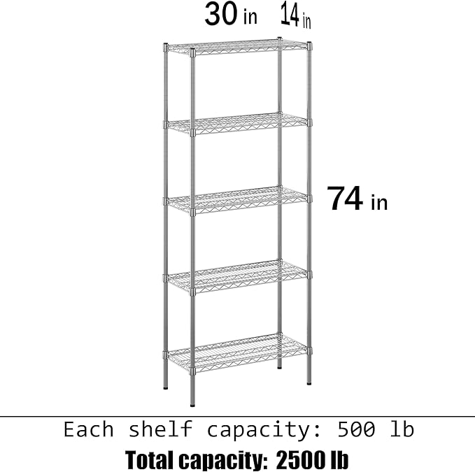 14" Deep x 30" Wide x 74" Height Wire Shelving Kit | 5-Tier | NSF Commercial Storage Rack Unit