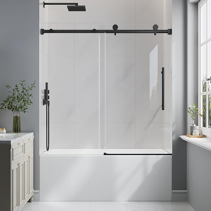 Bathtub Shower Door Frameless, 55-60" W x 60" H Sliding Tub Shower Door, 1/4''(6mm) SGCC Tempered Glass with Explosion-Proof Film Nano Coating, Stainless Steel Hardware, Matte Black