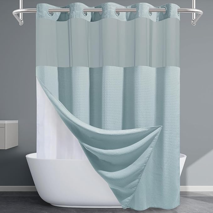 Fog Blue No Hook Shower Curtain with Snap in Liner,230GSM Waffle Weave Shower Curtains for Bathroom,71W x 74H