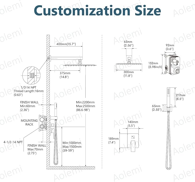 Aolemi Shower System with Rainfall Shower Head and Handheld Wall Mount,High Pressure Shower Faucet Set Fixture Combo with 2 in 1 Handheld Spray Rough-in Valve,12 Inch Shower Head Brushed Gold