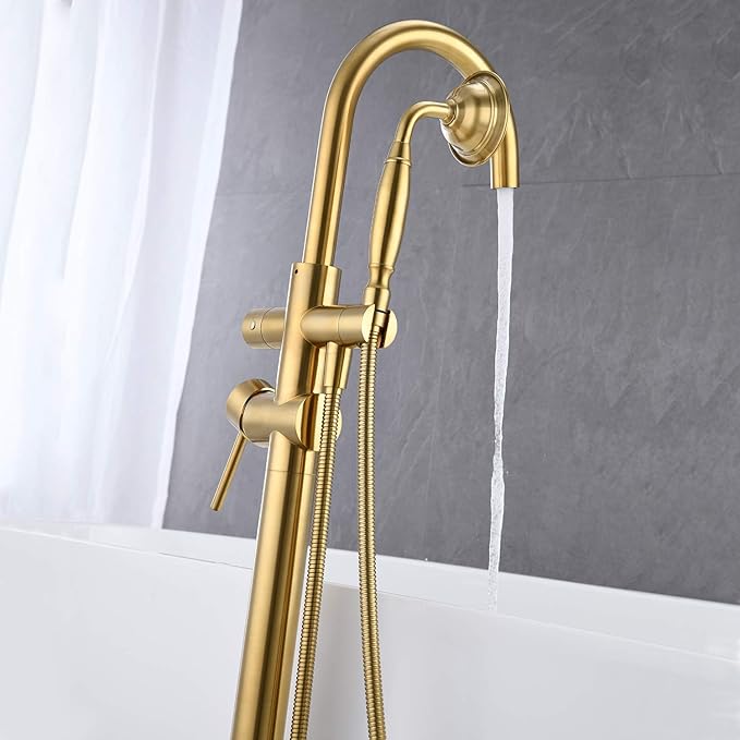 Tub Filler Freestanding Bathtub Faucet Brushed Gold Floor Mounted Brass Bathroom Tub Faucets with Hand Shower