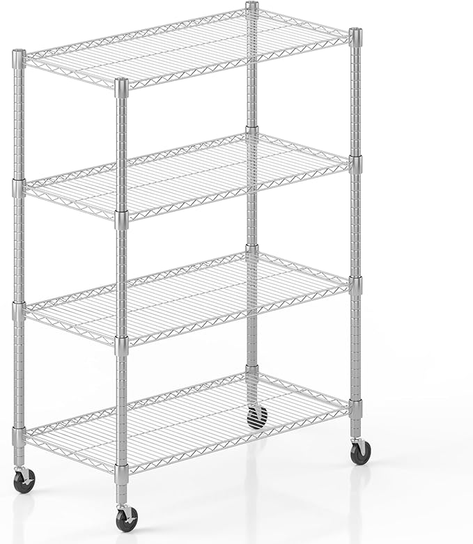 Himimi 4-Tier Heavy Duty Steel Wire Rack Storage Shelving, Adjustable Metal Storage Shelves with Wheels, 72''H Wire Shelf for Kitchen Garage Basement Pantry Organization, 18" D×36" W×72" H-Silver