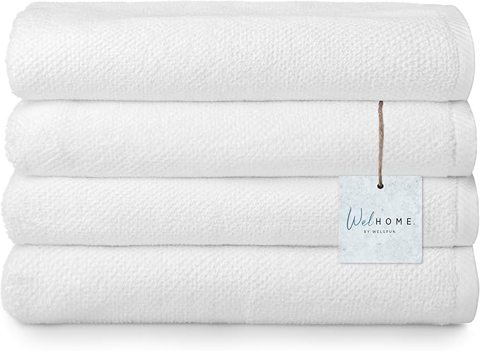 Welhome Franklin 100% Cotton Popcorn Textured Towel Set - 4 Pack Bath Towels, 600 GSM, Soft & Plush, White