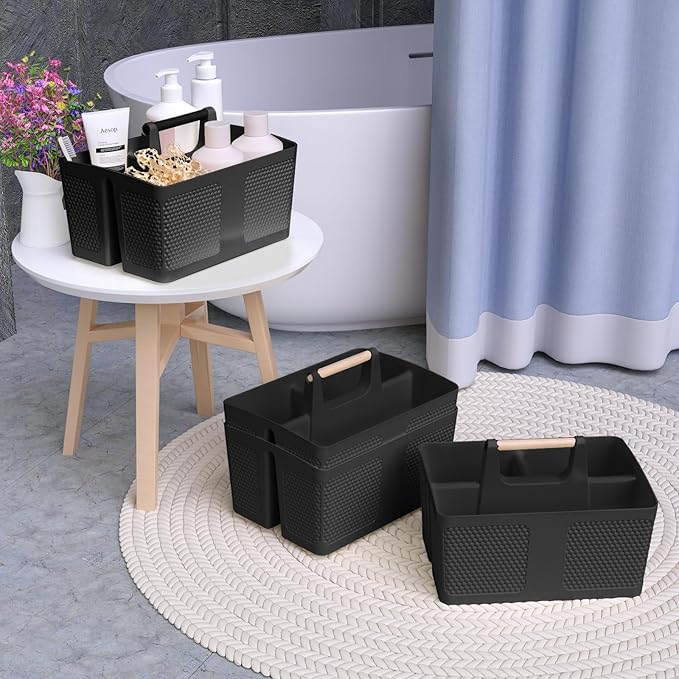 Shower Caddy Portable and Cleaning Caddy Organizer for Bathroom, Kitchen, Toiletries Storage ，Caddy organizer with handle, Rust-Resistant, Durable Material (Black, 9.36" L×7.73" W×7.24" H)
