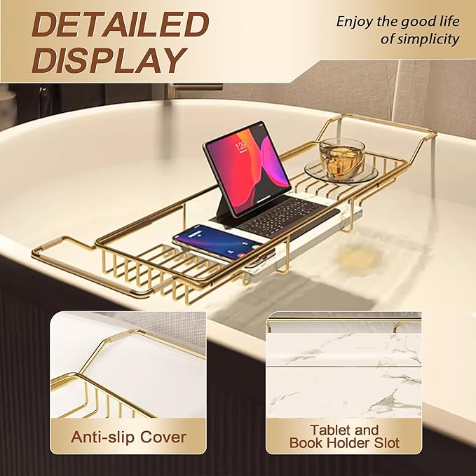 BVL Bathtub Tray Stainless Steel with Marble Base Gold Bathtub Tray with White Marble Base Adjustable & Rustproof Bath Caddy for Spa, Relaxation, Bath Bombs