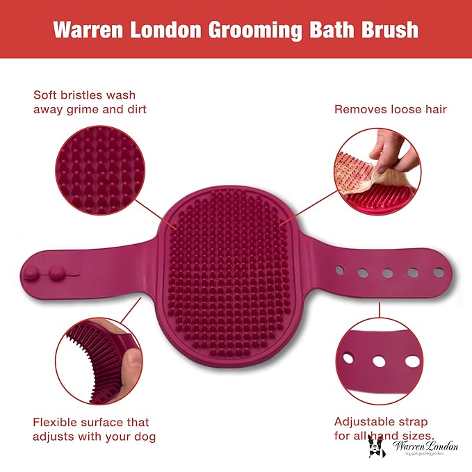 Warren London 2-in-1 Bath & Groom Brush for Dogs & Cats – Red Silicone Scrubber & Applicator for Shampoo, Hydrating Butter or Leave-In Conditioner – Gentle Massaging Grip