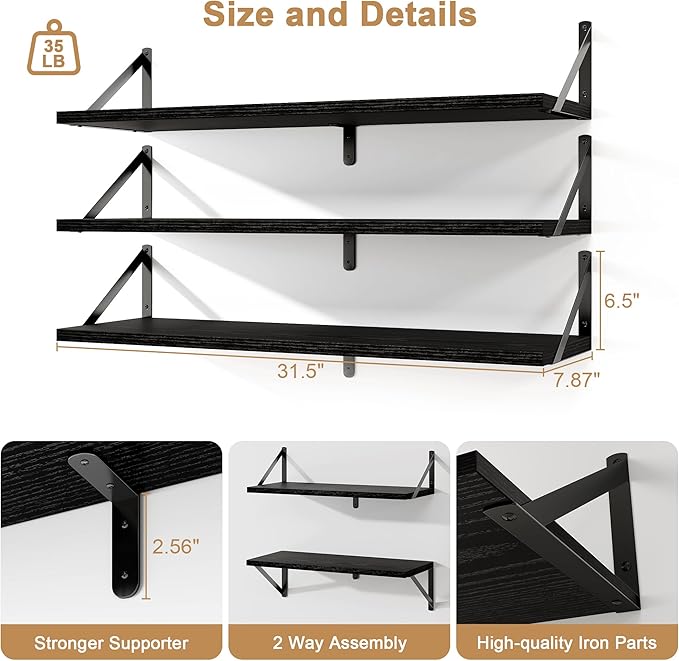 Fun Memories Floating Shelves, 32 x 8 Inches, Set of 3 Wall-Mounted Bookshelves with Metal Brackets, Decorative Storage for Home and Office (Black)