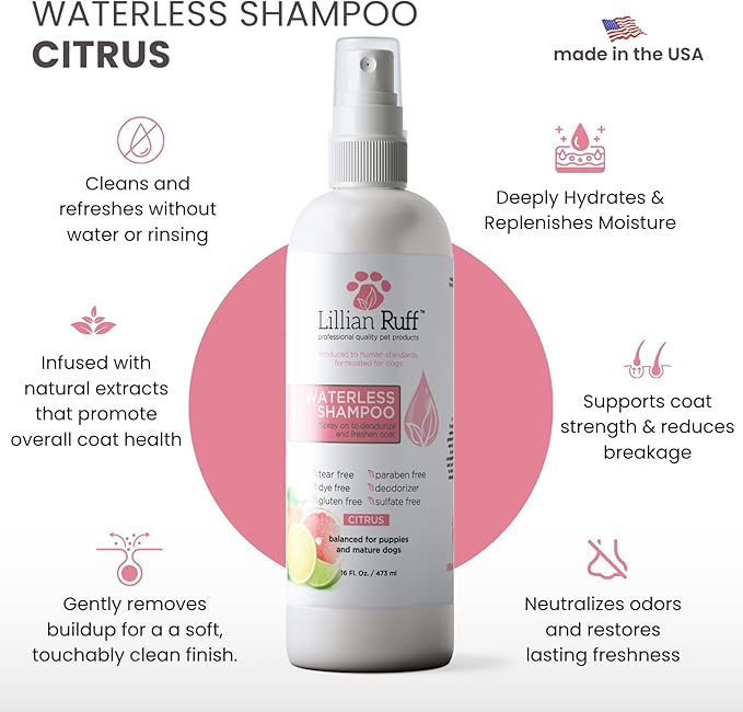 Lillian Ruff Waterless No-Rinse Dog Dry Shampoo Spray with Hydrating Essential Oils - pH-Balanced Dry Shampoo for Dogs - Clean, Condition, Detangle & Deodorize Dry, Sensitive Skin (Citrus)