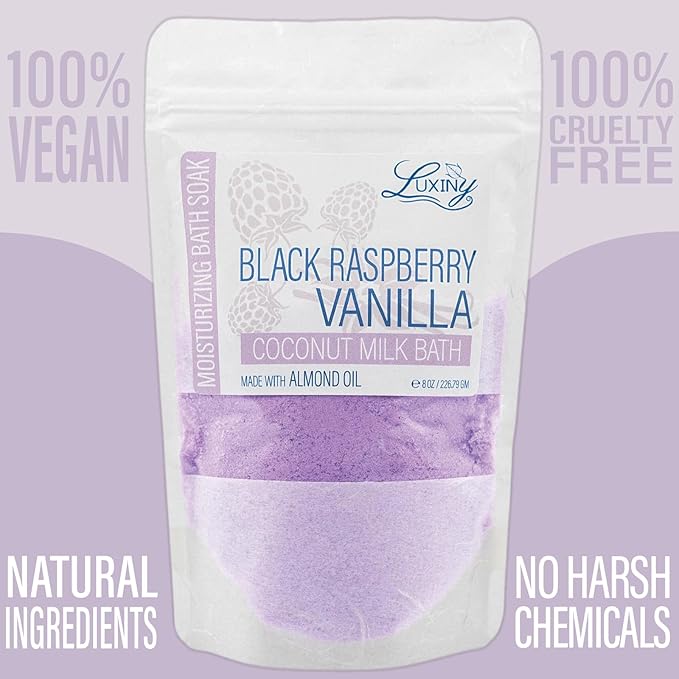Luxiny Vegan Milk Bath Soak Made with Moisturizing Coconut Milk Powder & Sweet Almond Oil for a Bath Bomb Dust Soothing Fizz & Relaxing Soak, 8 oz. (Black Raspberry Vanilla)