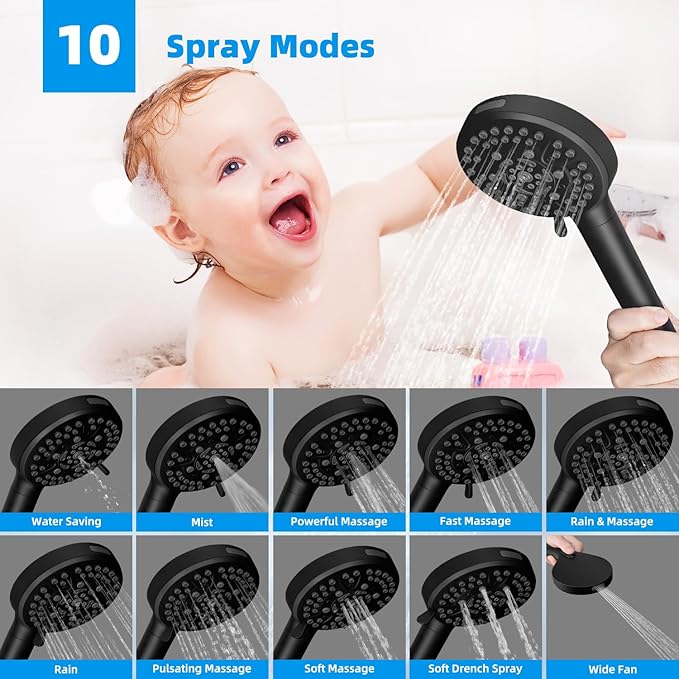 Hibbent All Metal 12'' Filtered Rainfall Shower Head Combo, High Pressure Handheld Shower Head with 16'' Adjustable Arc Extension Arm, 20 Stage Shower Filter, 10-spray, 71'' Shower Hose, Matte Black