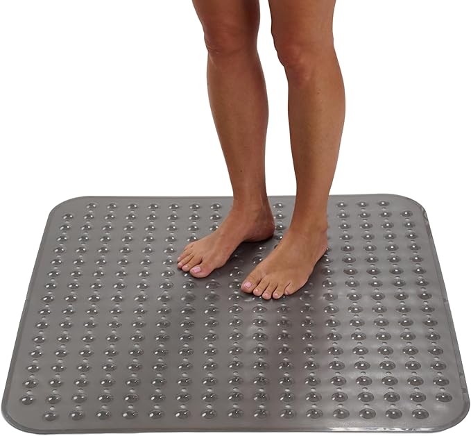 ENKOSI Extra Large Square Non Slip Shower Mat - 31 x 31-inch XL Bathroom Shower Mat - Square Shower Matts for Shower Stall Floors | Secure Suction Cups and Drain Holes (31x31 Clear Gray)