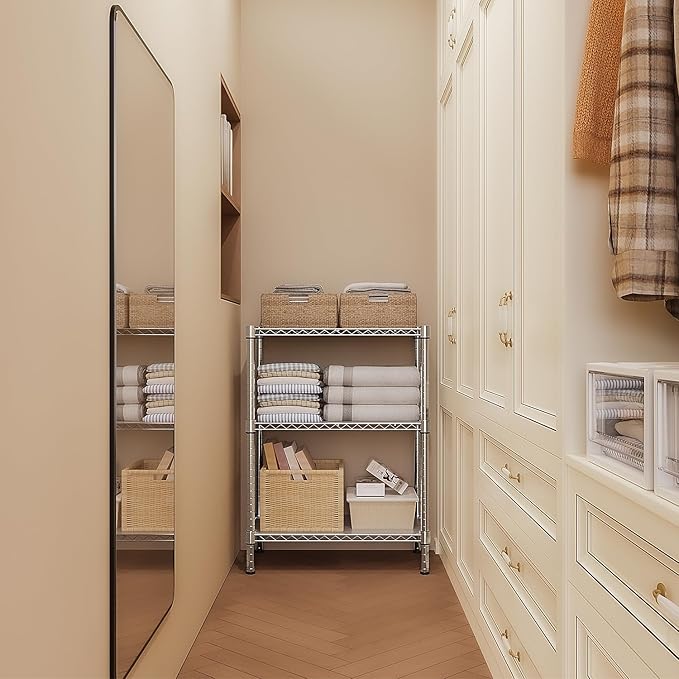 750 lbs 3 Tier Storage Rack Metal Wire Shelving Unit, Storage Standing Shelf Organizer for Laundry Bathroom Kitchen Pantry Closet Garage Basement Utility Room, Chrome 13.8" D x 29.5" W x 35.5" H