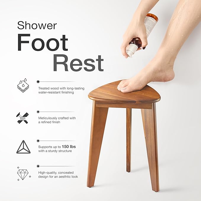 HOLANA 18" Corner Shower Foot Rest - Wooden Showers Stool Seat for Shaving Legs - Small Corner Shower Benches for Inside Shower - Waterproof Bath Step Stools Bench for Bathroom (Height - 18in, Acacia)