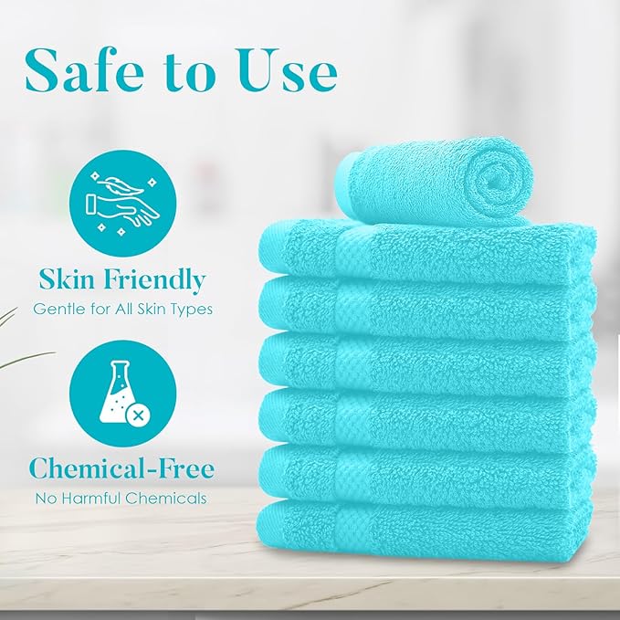 DAN RIVER 12-Pack Premium 100% Cotton Aqua Face Towels – Reusable Face Towel Set, Absorbent & Soft Wash Cloths for Bathroom & Body – Hand and Face Towels, 550 GSM (12x12 in)