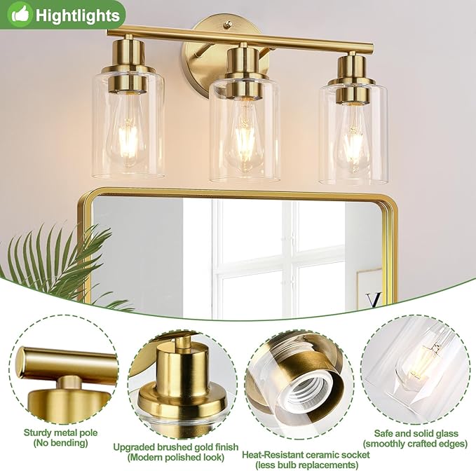 3-Light Gold Bathroom Light Fixtures, Modern Bathroom Vanity Light with Clear Glass Shade, Brushed Gold Bath Wall Mount Lights, Wall Lamp for Mirror Kitchen Bedroom Hallway Living Room Hallway