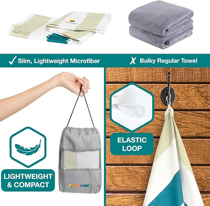 SUN CUBE Microfiber Sand Free Beach Towel - Quick Dry Fast Absorbent Lightweight Towel for Travel Beach Swim Pool Camping Packable Compact Oversized Towel, Sand Resistant - Beige Cream, 60x30 Inches