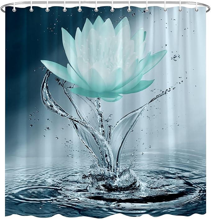 Lotus Shower Curtain Black White Teal Flower Elegant Blooming Floral with Dew Spring Flower Reflection on Water Modern Romantic Polyester Fabric Bathroom Decor 70×78 Inch with Hook