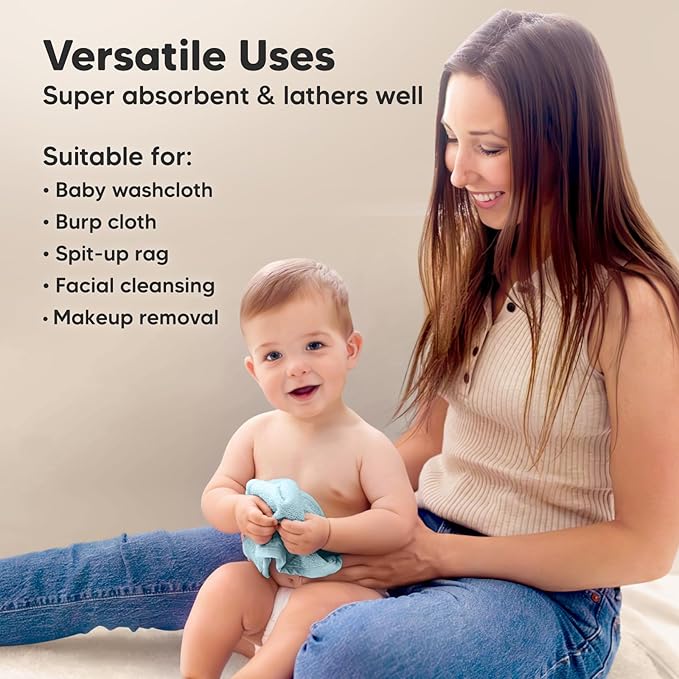 6-Pack Baby Washcloths - Soft Absorbent Viscose from Bamboo Wash Cloths for Babies, Kids, Toddlers, Infant, Newborn Bath Towels, Gentle on Sensitive Skin, 10x10 Reusable Face Towels (White/Sky)