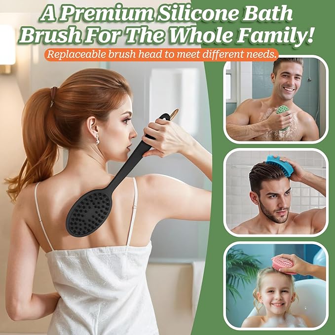 Silicone Back Scrubber for Shower, Gentle Shower Scrubber for Lathering, Softe Silicone Loofah with Two Replaceable Brush Heads, Good for Kids, Sensitive Skin(Pink-Two Heads)