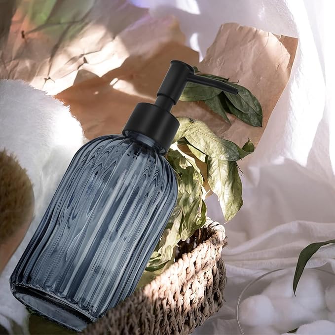 Glass Soap Dispenser with Plastic Pump, Hand Soap Dispenser for Hand Wash, Lotion Dispenser for Dishwashing Liquid, Lotion Shower Gel (Striped Blue Grey)