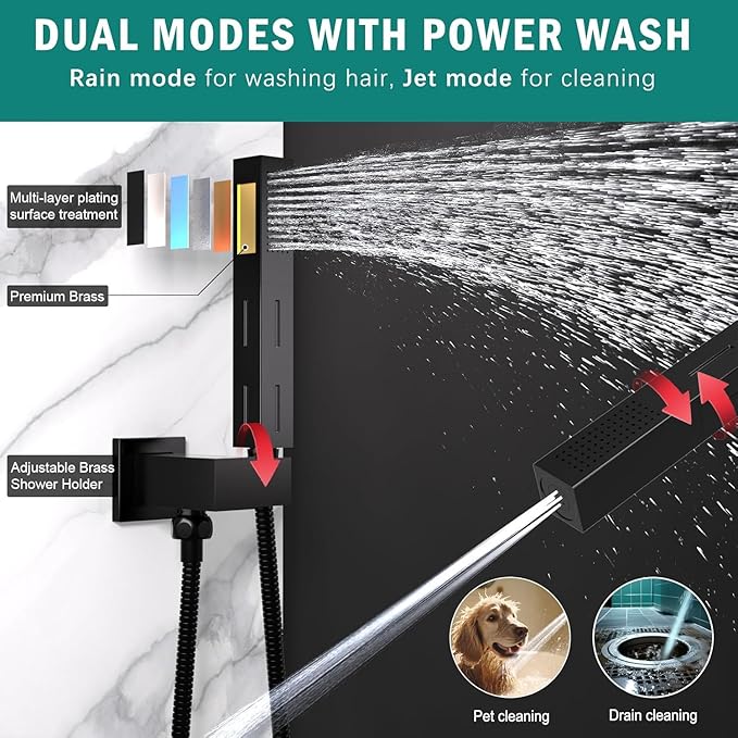 Enga Dual Shower Head Shower System with Body Jets, Wall Mount 10+6" Dual Rain Shower Head with 2 in 1 Handheld Spray for Two People, Shower Faucet Set with Valve Kit, Matte Black