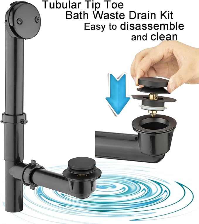 (1 Pack) Yariwiz 1-1/2" Matte Black Bathtub Tub Drain Kit Bath Waste Overflow Drain Tube Assembly with Bathtub Fast Installing Pop Up Plug and Overflow Faceplate Matte Black