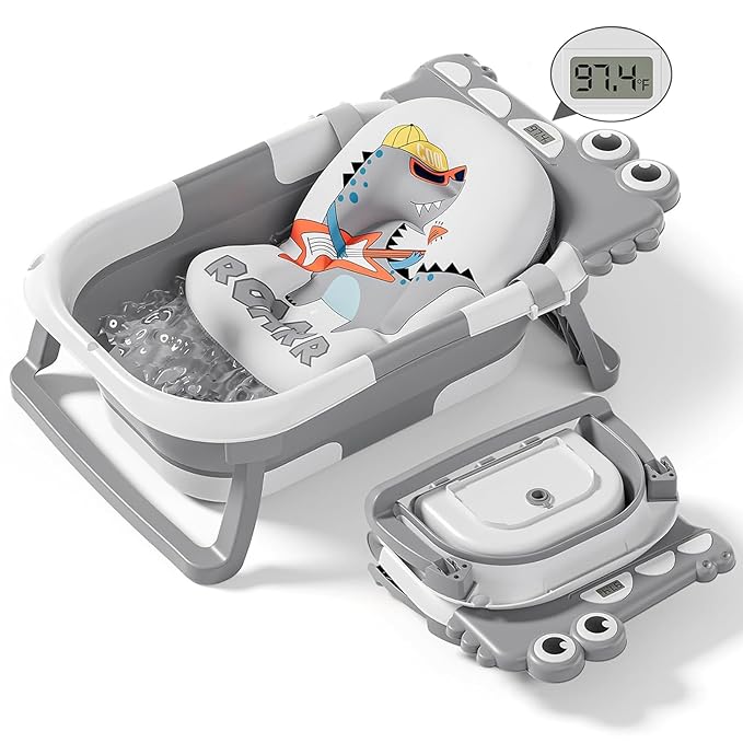 Collapsible Baby Bathtub for Newborn, Foldable Baby Bath Tub with Thermometer & Soft Floating Cushion & Drain Hole, Portable Travel Infant Bath Tubs for Newborns to Toddlers 0-36 Months Boys, Grey