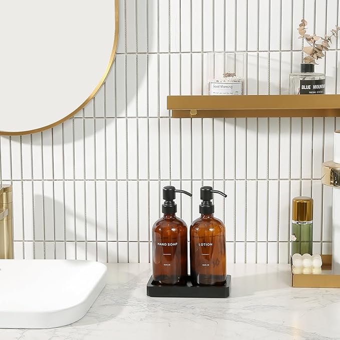 Amber Glass Soap Dispenser Set, Hand Soap and Lotion Set with Black Stainless Steel Pump, Perfect for Modern Bathroom Decor. (Amber)