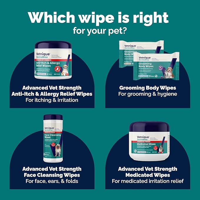 Vetnique Dermabliss Dog Face Wipes - Medicated Chlorhexidine Wipes for Dogs with Wrinkles, French Bulldog, English Bulldog Dog Grooming Wipes Cleaning & Deodorizing Dog Wipes