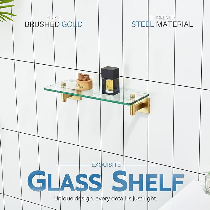 KOKOSIRI Wall Shelves Floating Shelf 12'' Gold Stainless Steel Bathroom Hardware Tempered Glass Hanging Rack Storage/Room Decor 2 Pack B1105BG-L12-P2