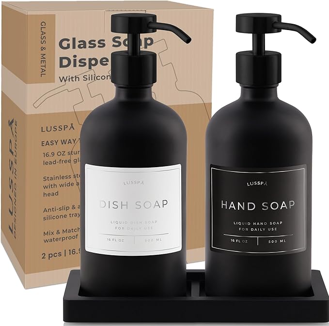 Lotion, Hand & Dish Soap Dispenser for Kitchen Sink - Bathroom Soap Dispenser Set of 2 16.8 Oz Glass Bottles with Stainless Steel Pump, 15 Water Proof Labels & Silicon Tray (Black)