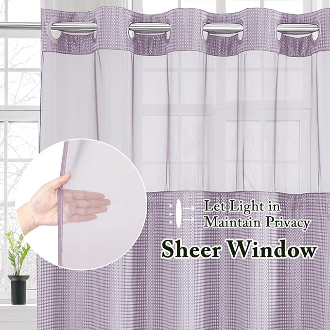 Gibelle Stall Small Shower Curtain 36x74, Waffle Weave Shower Curtain with Snap-in Fabric Liner Set, No Hooks Needed, Hotel Style with Mesh Top Window, Lavender