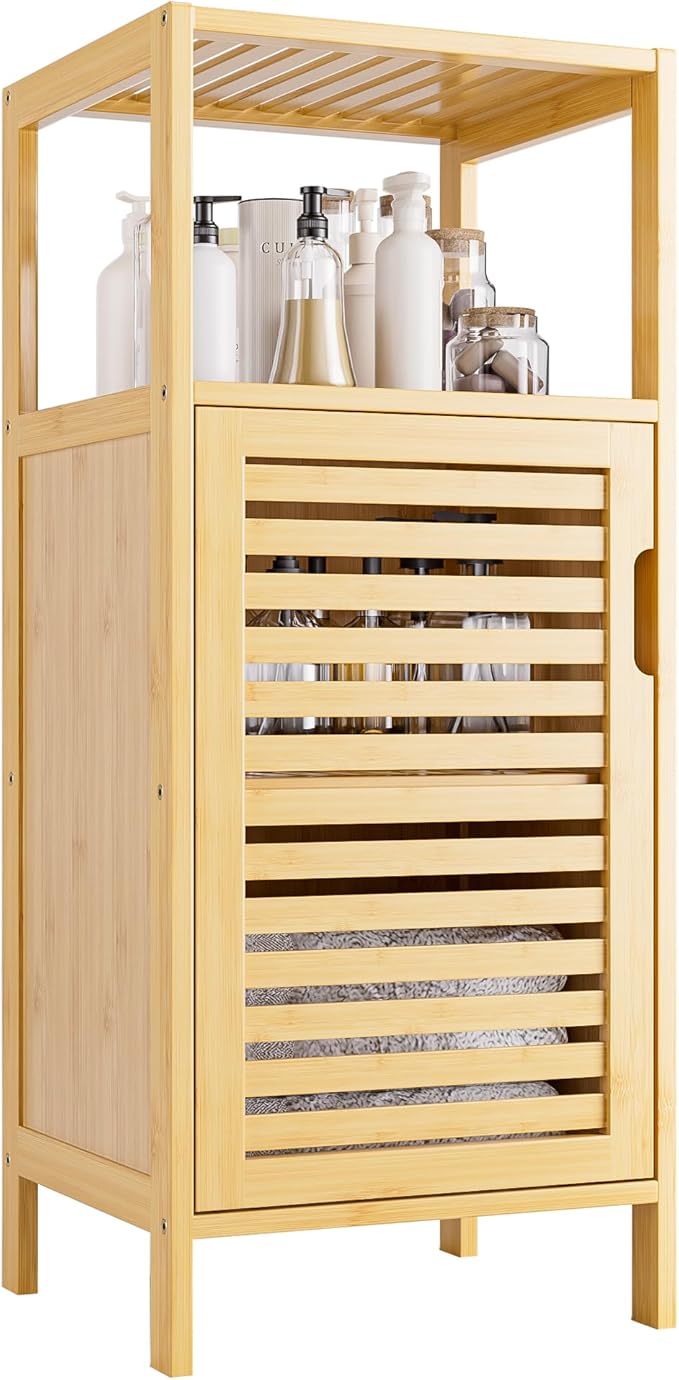HITNET Bathroom Cabinet Freestanding, Small Bamboo Floor Cabinet, 4 Tier Single Door Sofa Side Table Storage Organizer, Space Saving Kitchen Cupboard, Natural