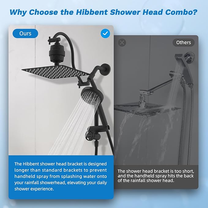 Hibbent Dual Filter All Metal 10"Rainfall Showerhead Combo, High Pressure Filter Shower Head with 10-Spray Mode Handheld, Innovative 4-way Diverter with Pause Mode, 71'' Shower Hose and Holder, Black