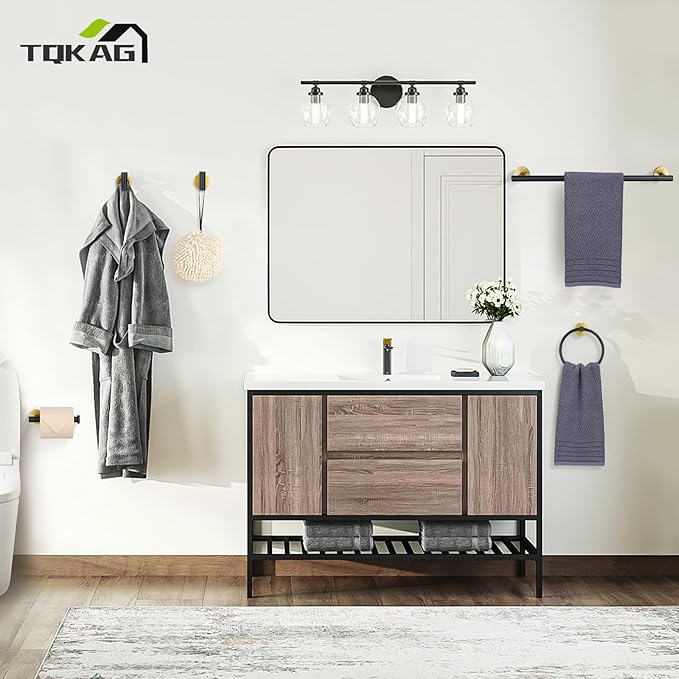 TQKAG Black and Gold Bathroom Accessory Set 5 Pieces, Round Stainless Steel Bath Towel Bar Set 23.6 Inch Towel Racks for Bathroom Wall Mounted