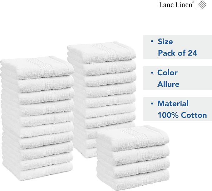 LANE LINEN 100% Cotton Washcloths 24 Pack - Spa & Salon Quality Face Towels - Ring Spun, Soft & Absorbent Wash Cloth Rags for Body, Beauty, Home, Gym - Fingertip Towels - 13"x13", White Washcloths