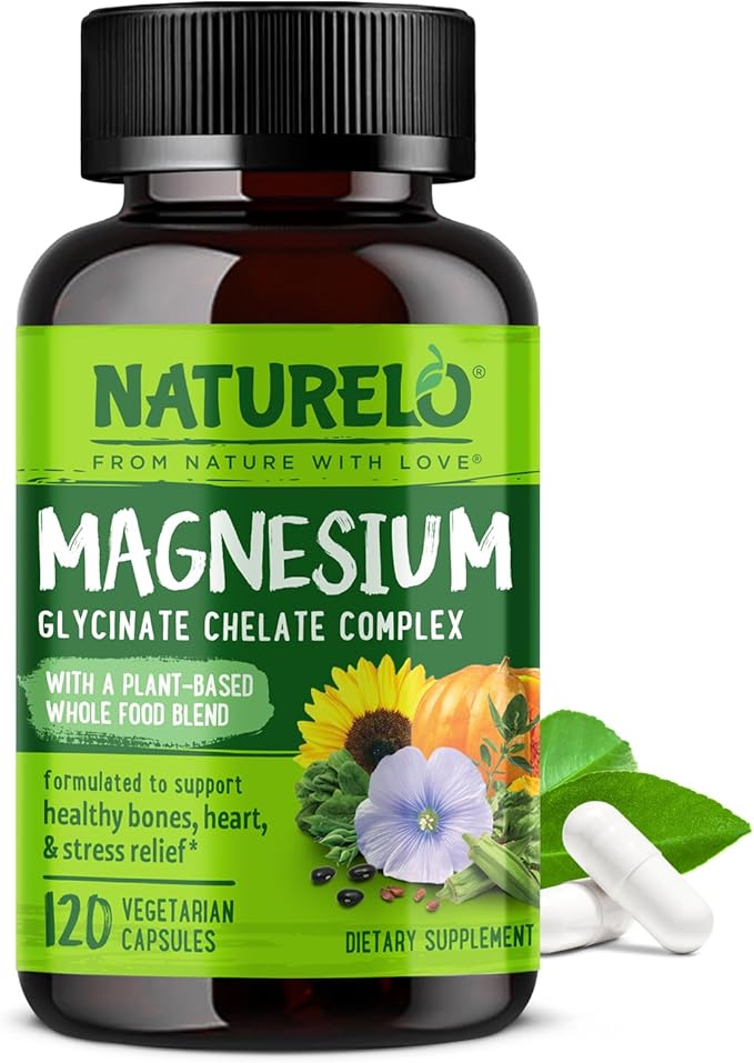 NATURELO Magnesium Glycinate Chelate Complex - 200 mg Magnesium with Organic Vegetables to Support Sleep, Calm, Muscle Cramp & Stress Relief - Gluten Free, Non GMO - 120 Capsules