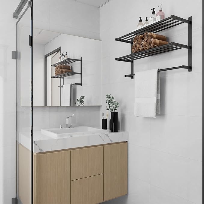 Hotel Towel Rack with 3-Tier Shelf, 24 Inch Wall Mounted Bathroom Bar, Matte Black Lavatory Bath Tower