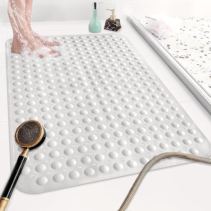 Shower Mat Non Slip: 35.4 x 23.6 Inch Extra Large TPE Shower Mats for Inside Shower - Anti Slip Shower Stall Matt with Drain Hole and Suction Cups for Elderly
