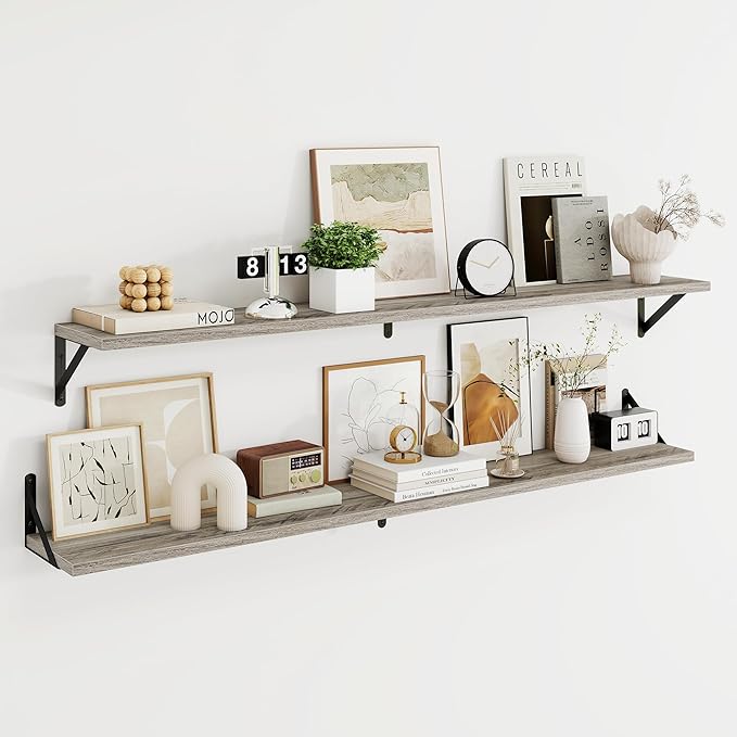 Dreamland 8 inch Deep Floating Shelves for Wall, 55W x 8D Wall Mounted Shelves Set of 2, Wide Display Ledge Shelf with Sturdy Metal Brackets for Living Room, Bathroom, Bedroom and Kitchen, Grey