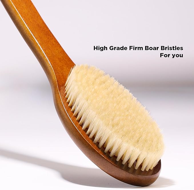 ICANdOIT-17.71Inch Natural Boar Bristles Anti-Slip Curved Long Handle Bath Brush,Bent Handle Shower Scrubber for Exfoliating,Shower Back Brush